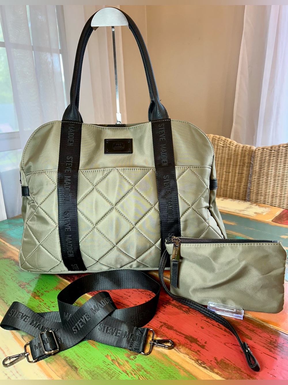 Steve Madden Sage Green Baustin Quilted Nylon Satchel Laptop Bag 3pc Set